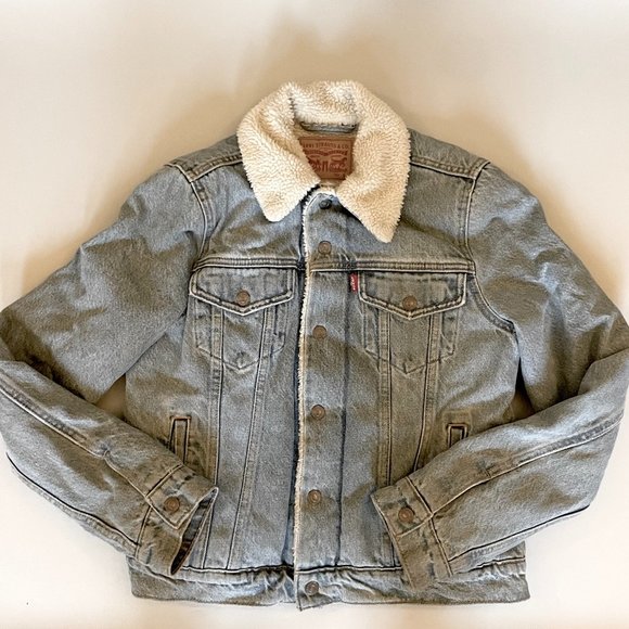 Levi's Shearling Denim Trucker Jacket, Women's Small, Light Distressed Blue - Picture 1 of 5